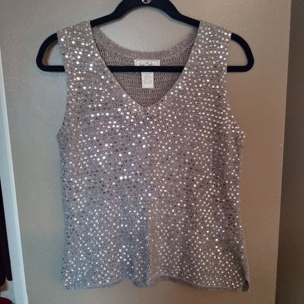 Bob Mackie M Silver Seqin Cropped Sweater